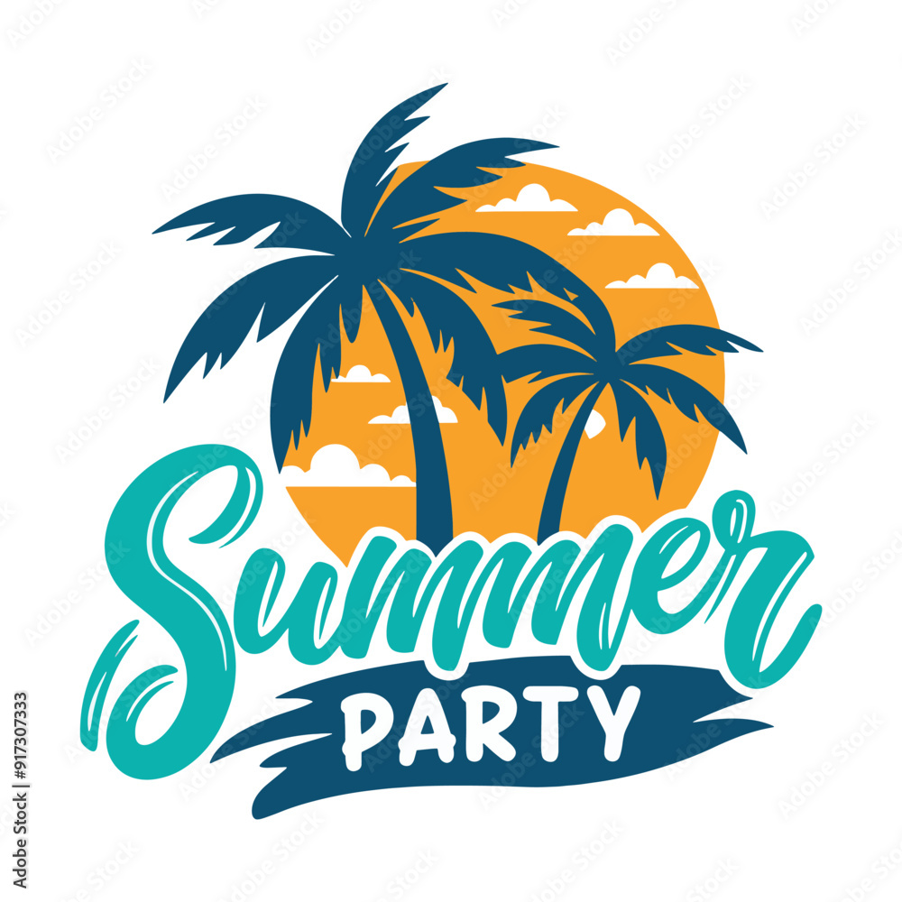 Summer Party sale banner with palm tree silhouette, Summer Holiday Tropical Sunset With Palm, vibes clip art T-shirt Design Summer Party sale banner with palm tree silhouette, Summer Holiday Tropical Sunset With Palm, vibes clip art T-shirt Design