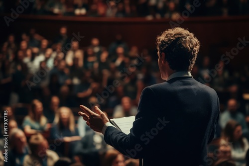 Speaker addressing large audience at conference photo