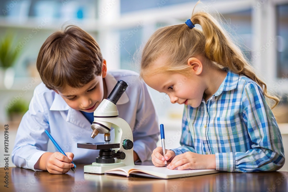 Two children are looking through a microscope and writing in a book Two children are looking through a microscope and writing in a book