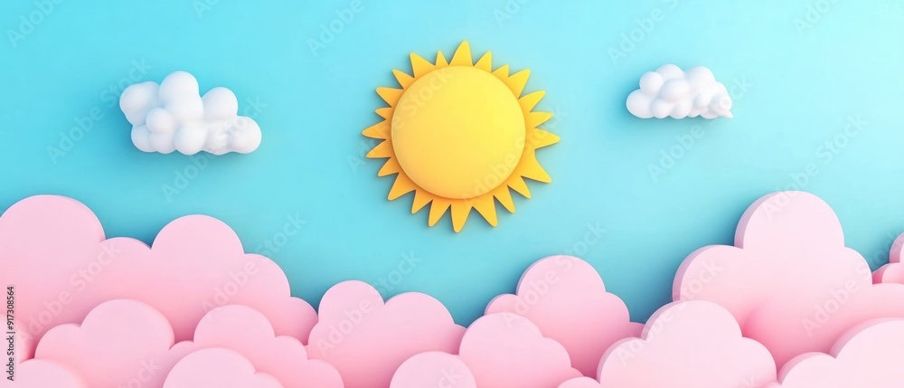 3D Rendered Sun and Pink Clouds on Blue Background 3D Rendered Sun and Pink Clouds on Blue Background