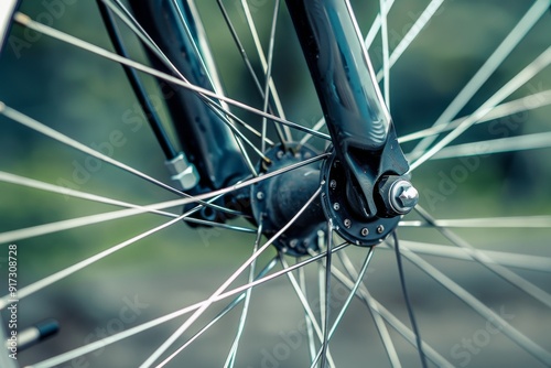 Ultra sharp close-up showcasing a road bike's brake system, highlighting grey metal brake disc. Beautiful simple AI generated image in 4K, unique.