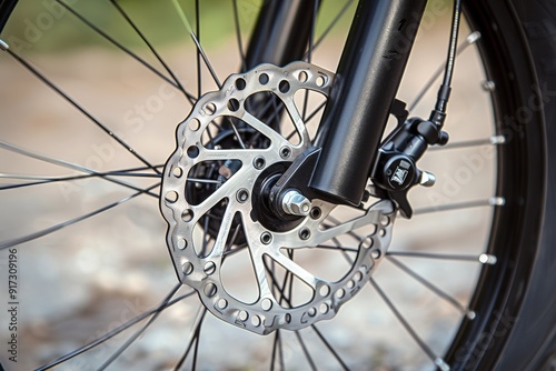 Close-up of grey metal brake disc and pads, integral part of road bike's braking system.. Beautiful simple AI generated image in 4K, unique.