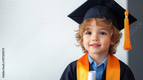 Portrait of a male child proudly wearing a graduation cloak and hat, standing against a light backdrop with copy space. For child education concepts.
