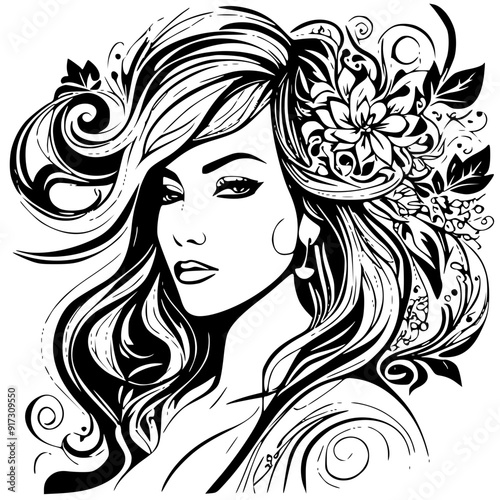 A vibrant vector portrait of a woman with flowing hair, woman vector.