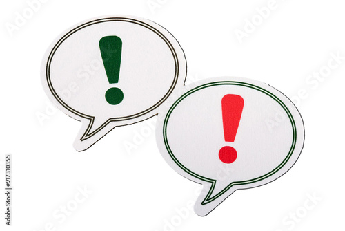 Conceptual symbols representing an argument and disagreement, featuring elements like speech bubbles, exclamation marks, and conflicting arrows, symbolizing debate, conflict, and opposing views. photo