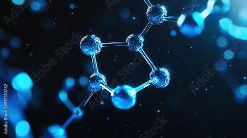 Fototapeta Naklejka Na Ścianę i Meble -  Inorganic molecule network, 3D render, neon blue glow, floating in dark space, sharp focus