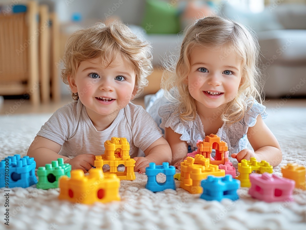 Fototapeta premium Preschool boy and girl playing on floor with educational toys, building essential skills through interactive and hands-on learning activities.