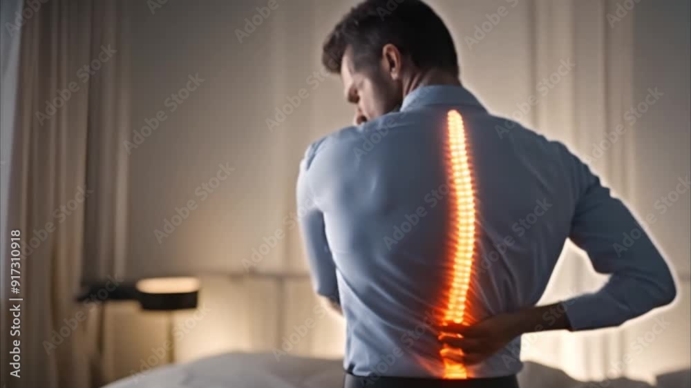 Visualization of spine health. Man having back pain with glowing spine image