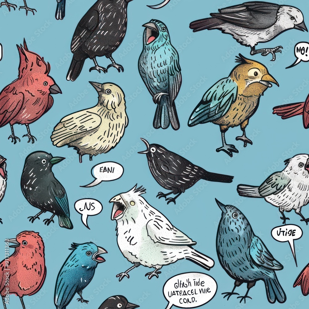 Obraz premium Colorful cartoon birds singing with speech bubbles.