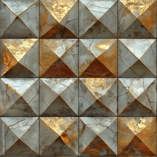 Seamless pattern of golden and black triangles on a marble background