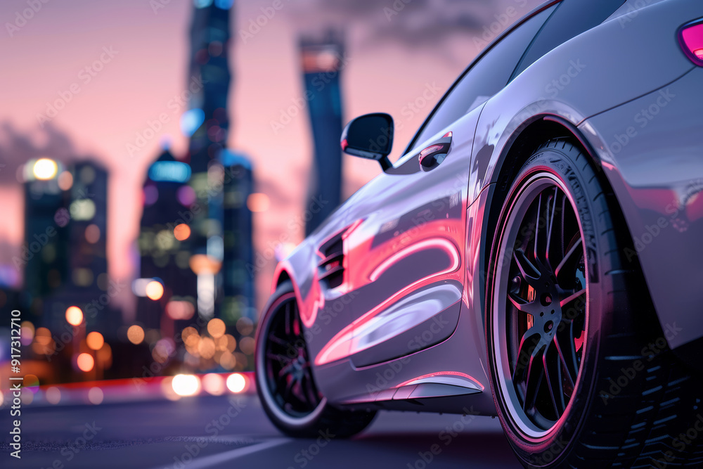 Luxury Car with High-Performance Brake Pads Against Sleek City Background at Dusk Luxury Car with High-Performance Brake Pads Against Sleek City Background at Dusk