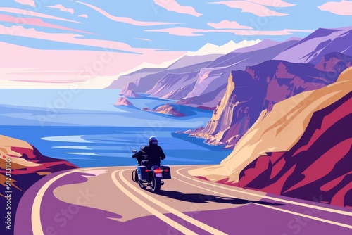 Motorcyclist Riding into the Sunset - Generative AI. Beautiful simple AI generated image in 4K, unique. photo