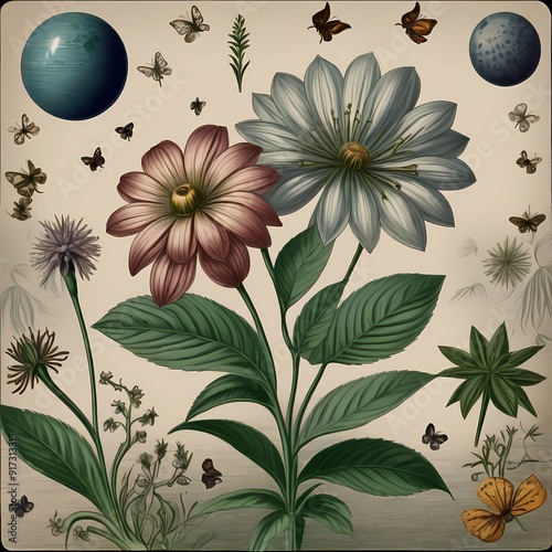 Vintage botanical collage with various flowers, plants and planets. The influence of planets on plants