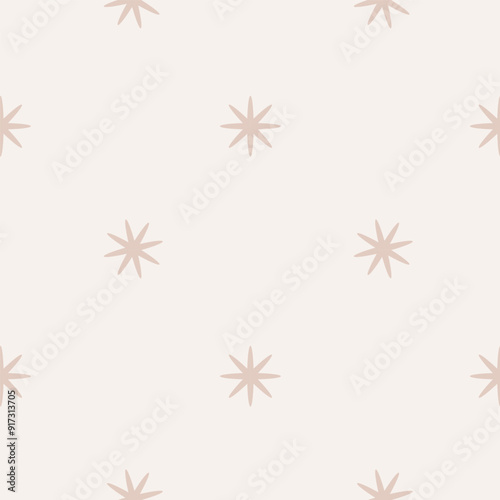 Cute pattern in Scandinavian, boho, minimalism style in beige neutral pastel colors.Small stars.Decor for the nursery, baby shower, textiles