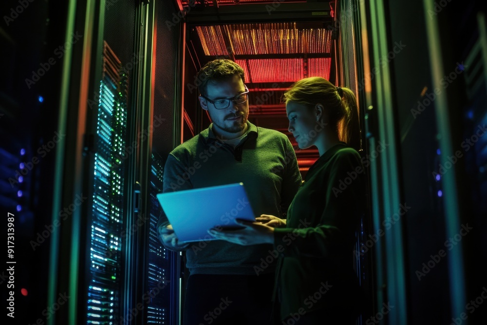 Obraz premium IT professionals working in data center with laptop