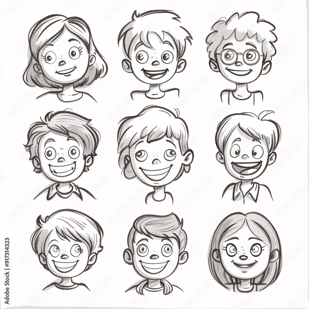 Monochrome illustration of children with different facial features and expressions. Monochrome illustration of children with different facial features and expressions.