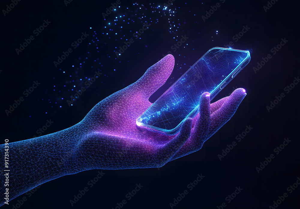 Technology in electronics, digital blue low poly hand holding a smartphone with glowing data streams, AI in mobile applications, virtual assistants, communication platforms, connectivity design Technology in electronics, digital blue low poly hand holding a smartphone with glowing data streams, AI in mobile applications, virtual assistants, communication platforms, connectivity design