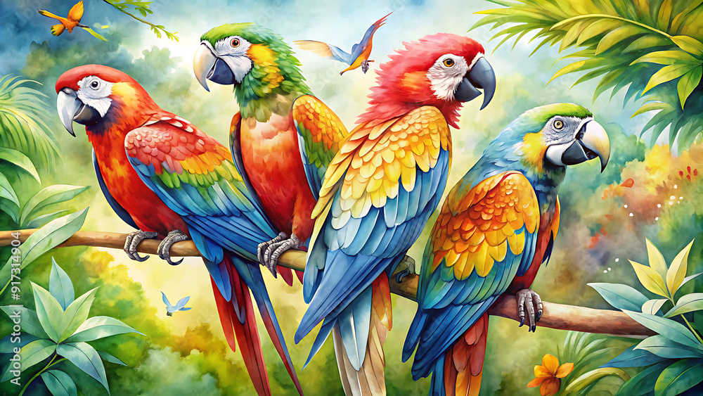 Fototapeta premium parrots perched jungle in a tree Rainbow Parrot, bird, canvas art, art work, hand drawn, Vibrant Modern Oil Painting of a Rainbow Parrot: Hand-Drawn Colorful Canvas Art
