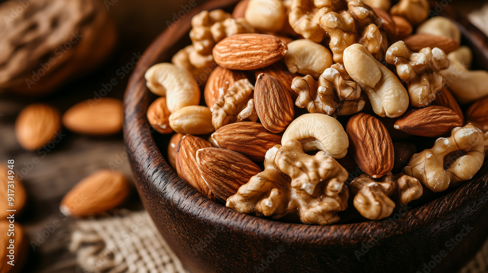 a wooden bowl of mixed nuts including walnuts, cashews and almond on rustic wooden table background a wooden bowl of mixed nuts including walnuts, cashews and almond on rustic wooden table background