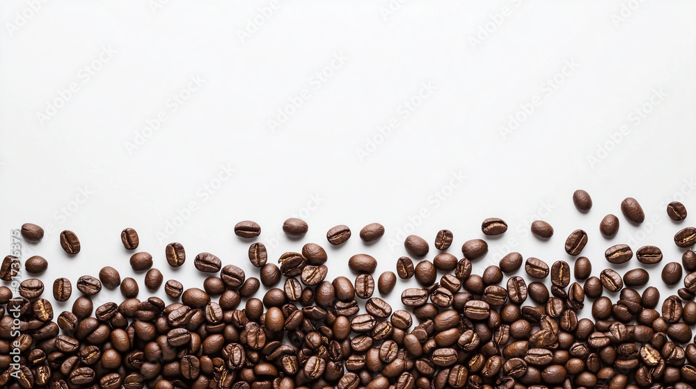 Scattered Coffee Beans on White Background with Copy Space Scattered Coffee Beans on White Background with Copy Space