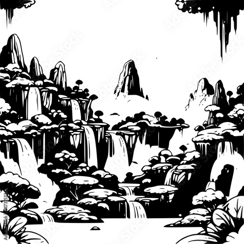 A surreal vector landscape featuring floating islands in the sky, with lush greenery and cascading waterfalls.
