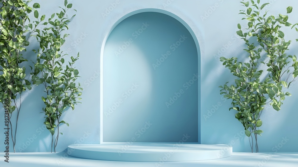 Fototapeta premium Blue background podium with arch and plants on both sides, minimal style, pastel color palette, simple design, high resolution