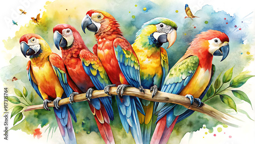Vibrant Parrots Perched in Paint Splashes: Dripping Oil & Watercolor Wildlife Art