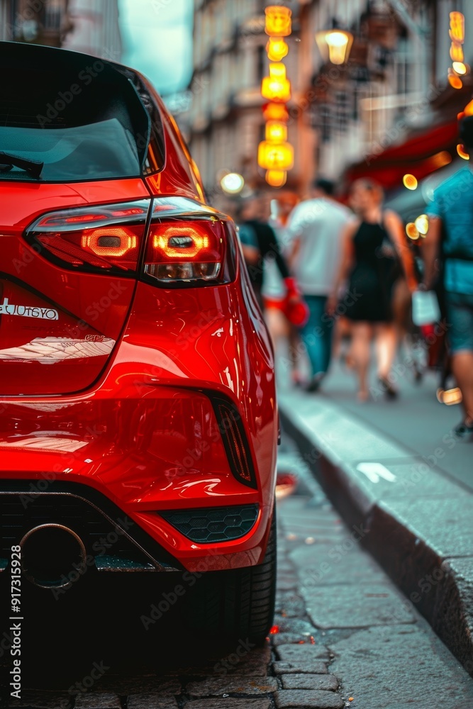 Modern Red Hatchback Car in Busy Urban Street with Pedestrians and Vibrant Night Lights