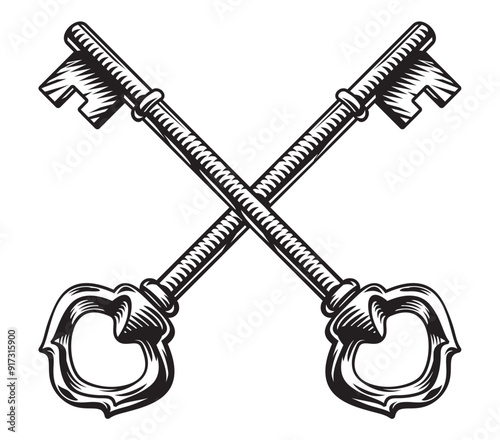 Illustration of crossed keys. Engraving style