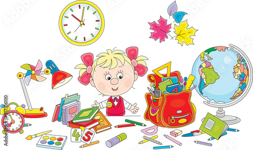 Funny little schoolgirl first grader before start of classes, completing her schoolbag with textbooks, exercise books, rules, pencils and pens, vector cartoon illustration on a white background