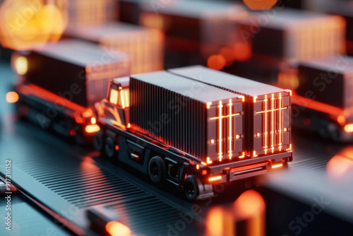 A detailed shot of a miniature truck transporting cargo containers, illuminated in vibrant orange tones.