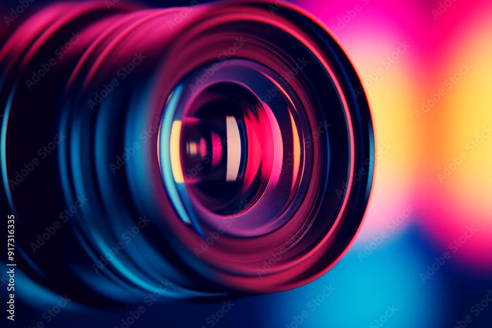 Close-up of a vibrant camera lens showcasing colorful reflections and a modern design, perfect for photography-related themes. Close-up of a vibrant camera lens showcasing colorful reflections and a modern design, perfect for photography-related themes.