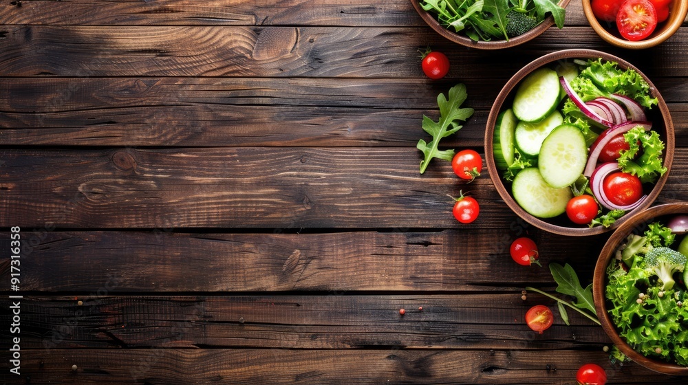 Fresh veggies and salad bowls on wooden counter, copy space, top view Fresh veggies and salad bowls on wooden counter, copy space, top view