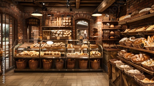  A Parisian bakery with a rustic brick interior wicker baskets overflowing with fresh bread and a display case filled with delicious pastries 