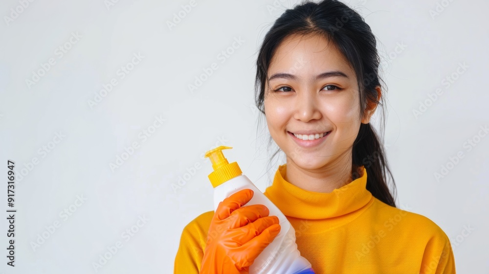 Happy young Asian woman housewife wearing rubber gloves and holding cleaning products, isolated on white background Happy young Asian woman housewife wearing rubber gloves and holding cleaning products, isolated on white background