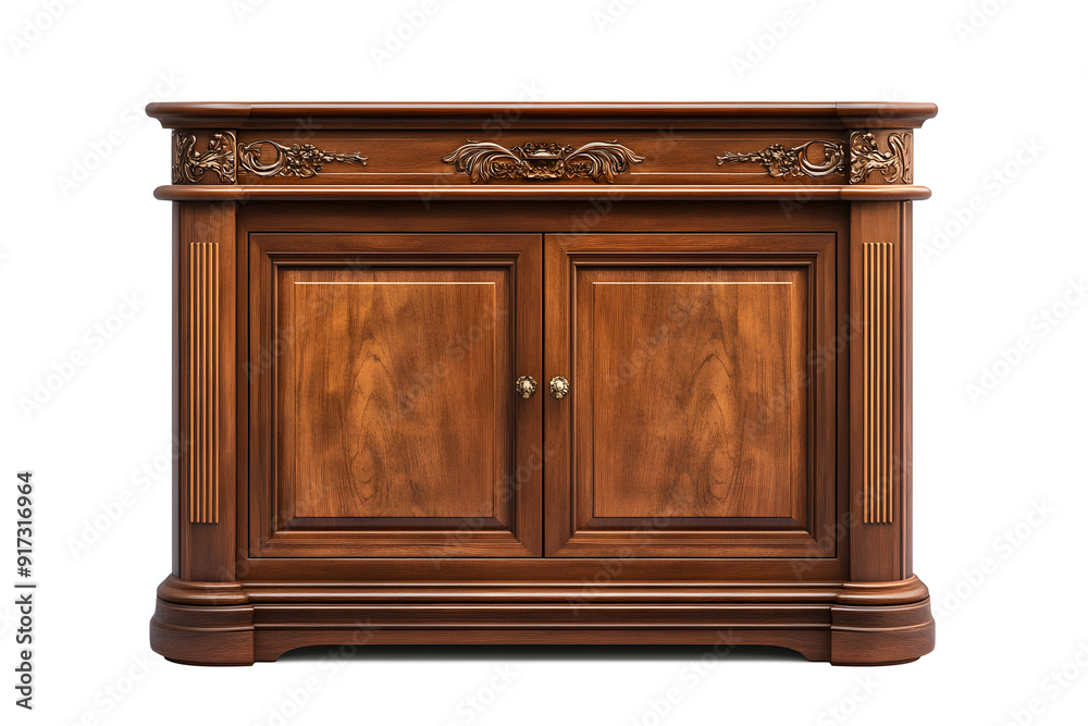 Fototapeta premium Vintage wooden sideboard with drawers and cabinets isolated on white
