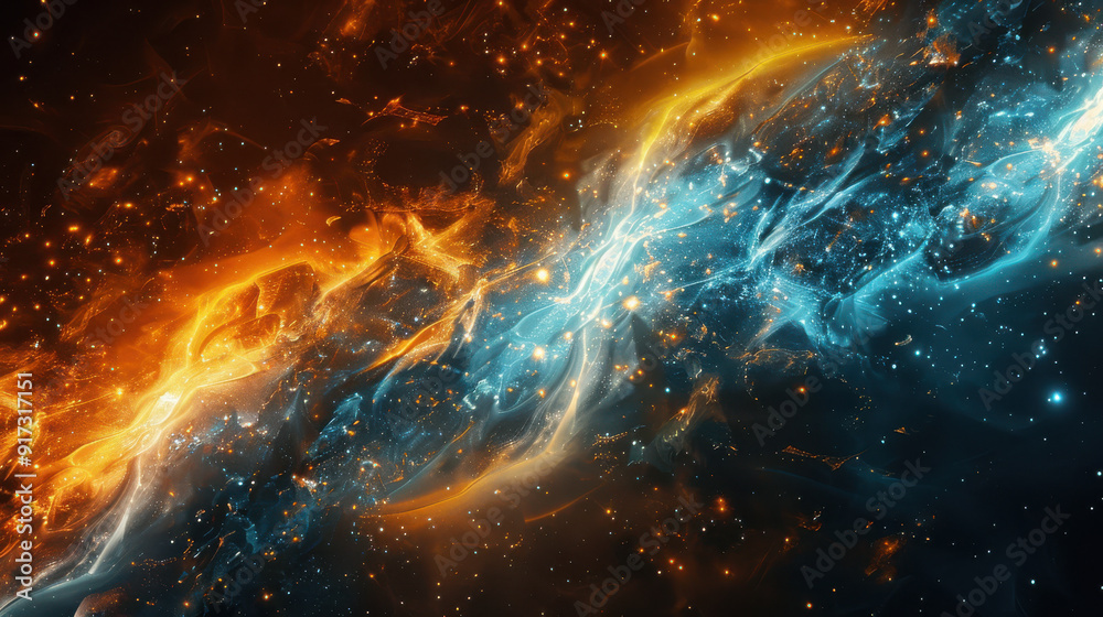 A mesmerizing nebula scene, streams of warm oranges and cool blues swirling together, sprinkled with bright starlight, vast dark space background