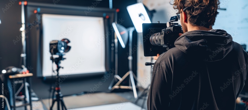 Obraz premium Professional Photographer Uploading High-Resolution Images to Cloud Storage in a Studio Setting