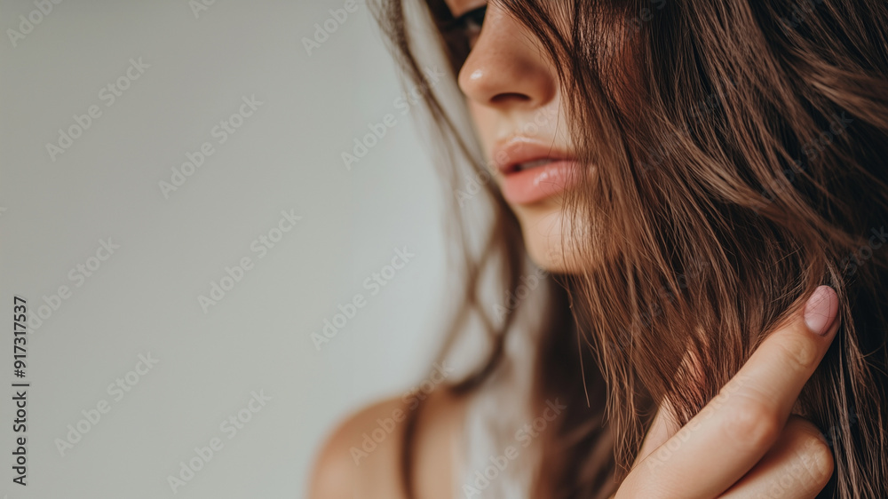 Obraz premium Disappointed woman holds her hair in her hand and looks at it. Brittle, dry hair