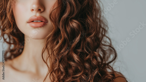 Woman with long thick curly red hair on a light background. 