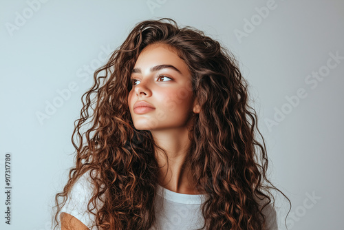 Woman with long thick curly brown hair on a light background. 