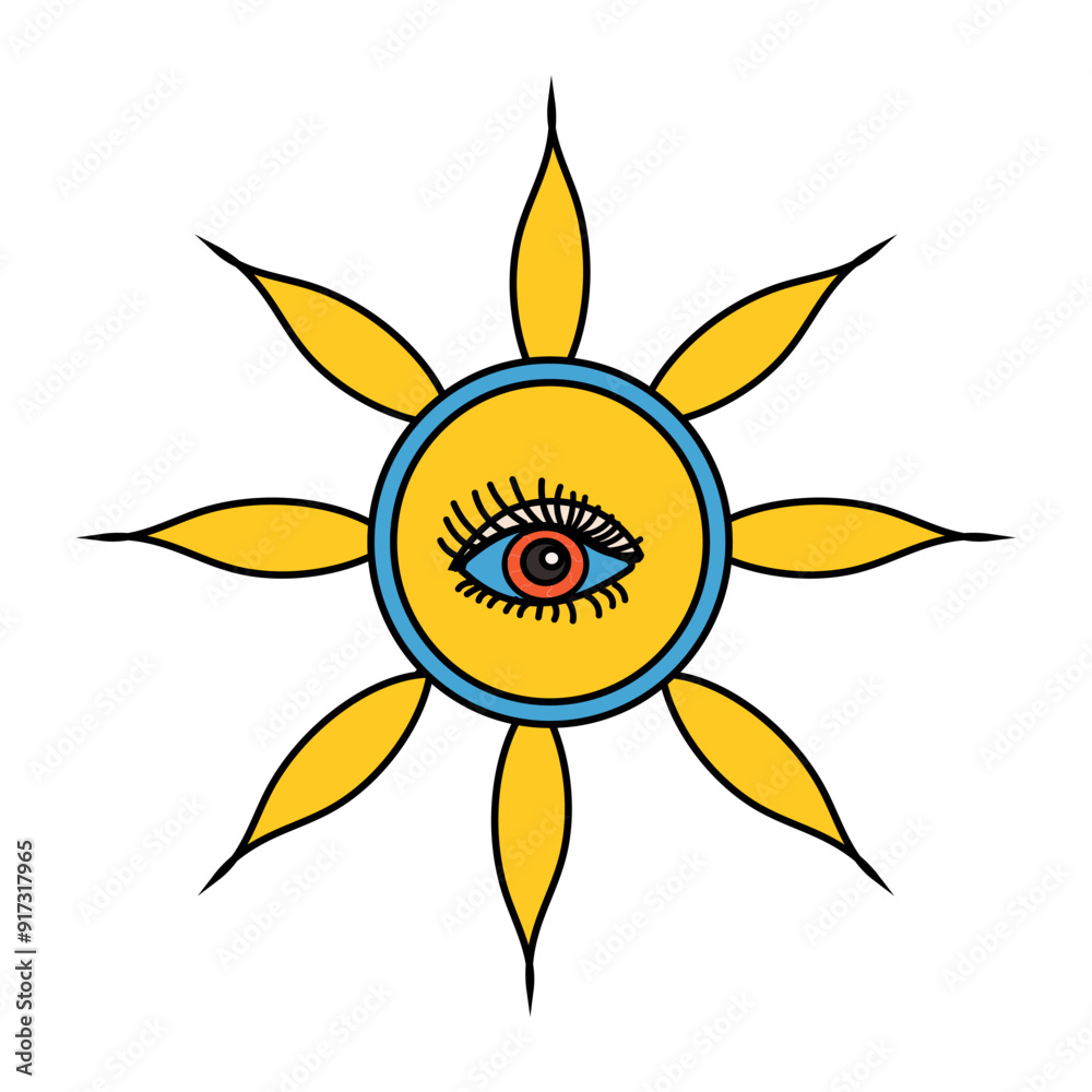 The sun with an eye in psychedelic coloring isolated on white The sun with an eye in psychedelic coloring isolated on white