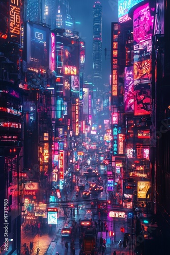 Vibrant neon signs illuminate a bustling urban street at night, creating a futuristic cityscape filled with bright, colorful lights.