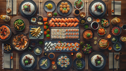 Japanese restaurant dinner table spread in top-down view, array of beautifully plated sushi, sashimi, tempura, surrounded, fresh salads, traditional Japanese food