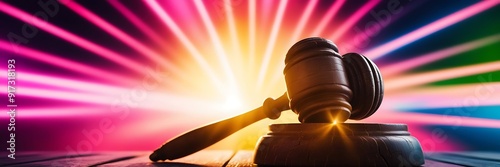 Gavel hammer on wooden table top with copy space. office workplace for consultant lawyer concept.