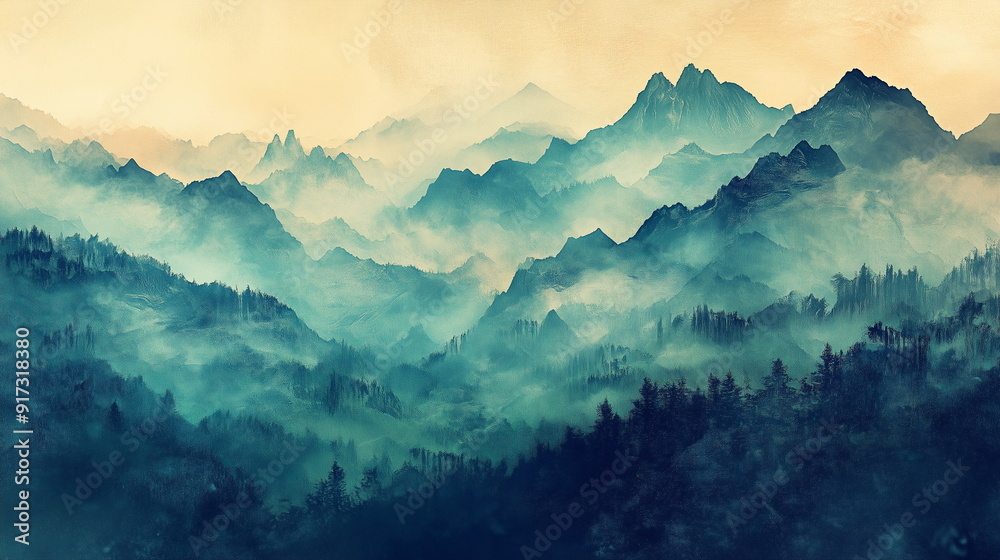 old painting of layered mountain landscape old painting of layered mountain landscape