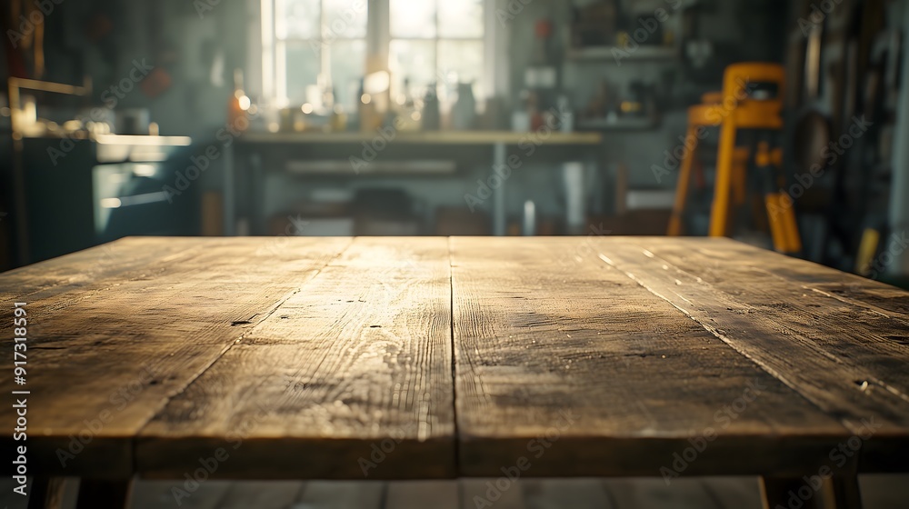 Rustic Wooden Table in Sunlit Workshop - Ideal for Product Display Rustic Wooden Table in Sunlit Workshop - Ideal for Product Display