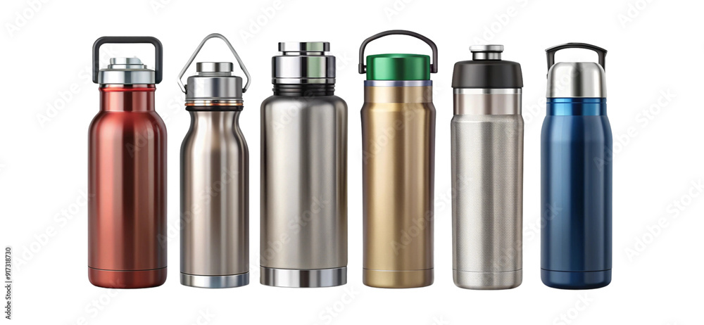Set of various modern vacuum-insulated thermos water bottles isolated on transparent background. Set of various modern vacuum-insulated thermos water bottles isolated on transparent background.