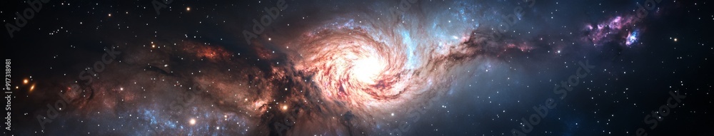 Fototapeta premium Galactic Whirlpool: A High-Resolution View of a Spiral Galaxy with Bright Stars and Nebulae, Perfect for Space Themed Projects and Astronomical Research.