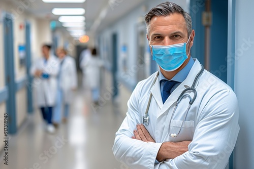 Dedicated Doctor in Hospital Corridor Wearing Mask and Stethoscope While Assisting Patients During Busy Shift